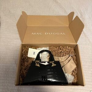 Mac Duggal Black Croc-Embossed Tote with Gold Details